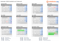 Kalender 2020 mit Ferien und Feiertagen Vestfold und Telemark