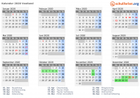Kalender 2020 mit Ferien und Feiertagen Vestland