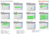 Kalender 2020 mit Ferien und Feiertagen Vorarlberg