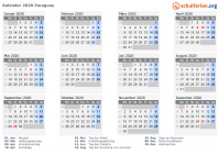 Kalender 2020 mit Ferien und Feiertagen Paraguay