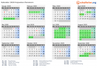 Kalender 2020 mit Ferien und Feiertagen Kujawien-Pommern