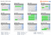 Kalender 2020 mit Ferien und Feiertagen Lebus