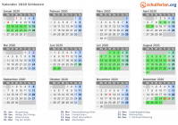 Kalender 2020 mit Ferien und Feiertagen Schlesien