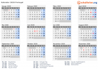 Kalender 2020 mit Ferien und Feiertagen Portugal