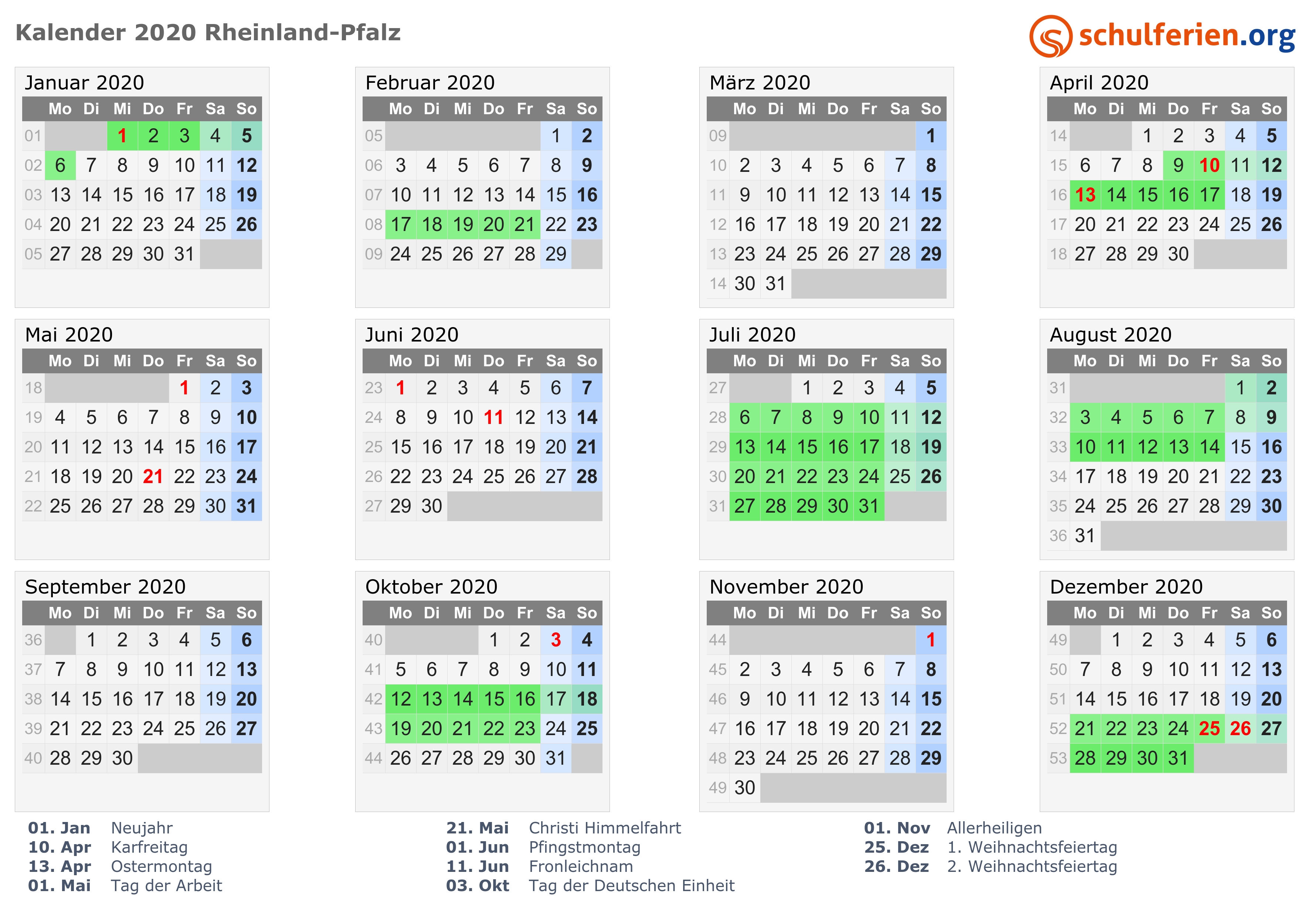 Kalender 2020 + Ferien Rheinland-Pfalz, Feiertage