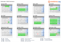 Kalender 2020 mit Ferien und Feiertagen Sachsen