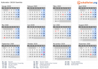 Kalender 2020 mit Ferien und Feiertagen Sambia