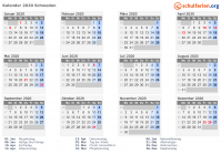 Kalender 2020 mit Ferien und Feiertagen Schweden