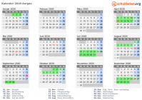 Kalender 2020 mit Ferien und Feiertagen Aargau
