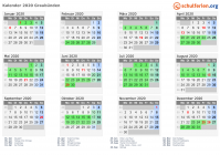 Kalender 2020 mit Ferien und Feiertagen Graubünden