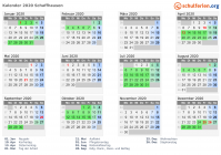 Kalender 2020 mit Ferien und Feiertagen Schaffhausen