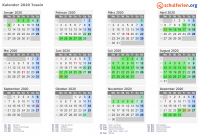 Kalender 2020 mit Ferien und Feiertagen Tessin