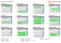 Kalender 2020 mit Ferien und Feiertagen Wallis