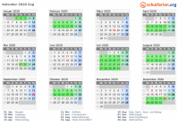 Kalender 2020 mit Ferien und Feiertagen Zug