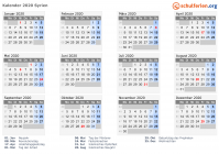 Kalender 2020 mit Ferien und Feiertagen Syrien