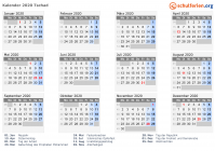 Kalender 2020 mit Ferien und Feiertagen Tschad