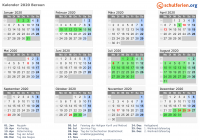 Kalender 2020 mit Ferien und Feiertagen Beraun