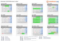 Kalender 2020 mit Ferien und Feiertagen Böhmisch Leipa