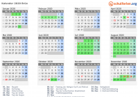 Kalender 2020 mit Ferien und Feiertagen Brüx