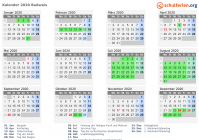 Kalender 2020 mit Ferien und Feiertagen Budweis