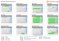 Kalender 2020 mit Ferien und Feiertagen Kuttenberg