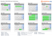Kalender 2020 mit Ferien und Feiertagen Mährisch Schönberg