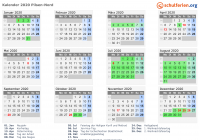 Kalender 2020 mit Ferien und Feiertagen Pilsen-Nord