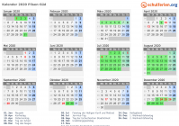Kalender 2020 mit Ferien und Feiertagen Pilsen-Süd