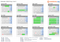 Kalender 2020 mit Ferien und Feiertagen Prag 1 bis 5