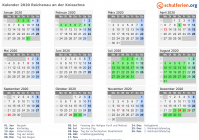 Kalender 2020 mit Ferien und Feiertagen Reichenau an der Knieschna