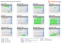 Kalender 2020 mit Ferien und Feiertagen Ungarisch Hradisch