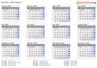 Kalender 2020 mit Ferien und Feiertagen Ungarn