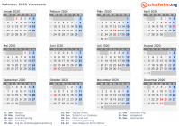 Kalender 2020 mit Ferien und Feiertagen Venezuela