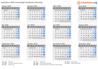 Kalender 2020 mit Ferien und Feiertagen Vereinigte Arabische Emirate