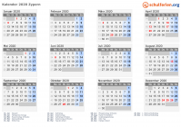 Kalender 2020 mit Ferien und Feiertagen Zypern