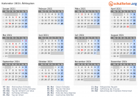 Kalender 2021 mit Ferien und Feiertagen Äthiopien