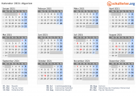 Kalender 2021 mit Ferien und Feiertagen Algerien