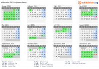 Kalender 2021 mit Ferien und Feiertagen Queensland