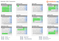 Kalender 2021 mit Ferien und Feiertagen Tasmanien