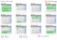 Kalender 2021 mit Ferien und Feiertagen zentral