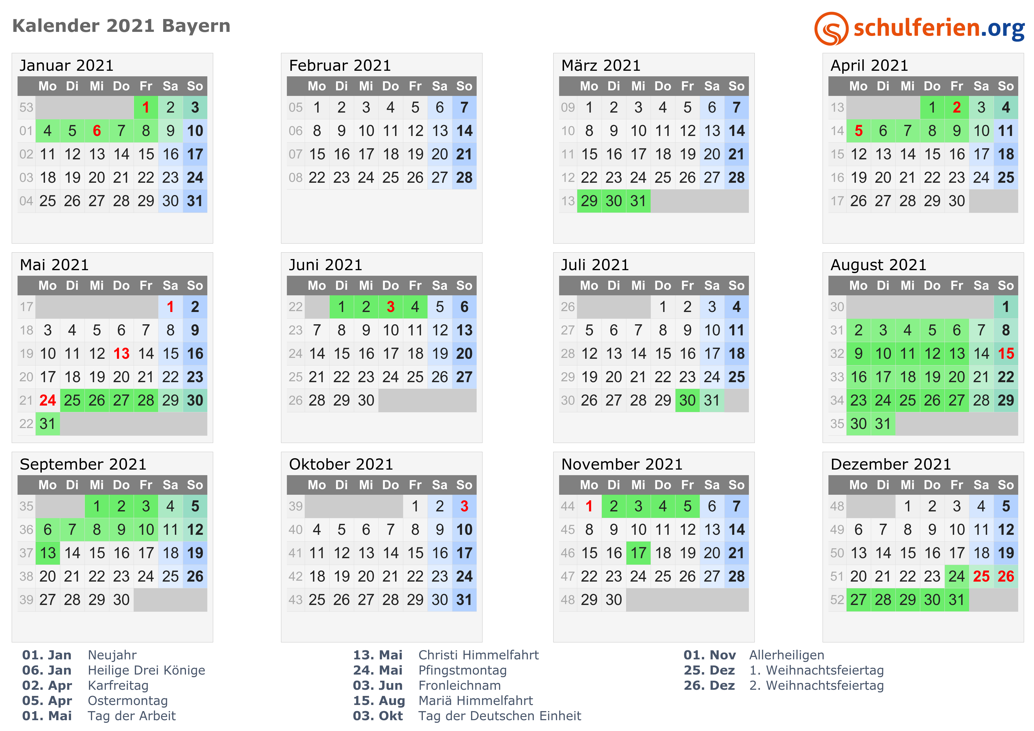 Kalender 2021 + Ferien Bayern, Feiertage