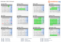 Kalender 2021 mit Ferien und Feiertagen Brüssel