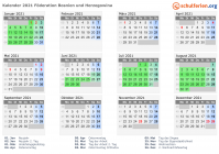 Kalender 2021 mit Ferien und Feiertagen Föderation Bosnien und Herzegowina