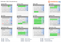 Kalender 2021 mit Ferien und Feiertagen Brandenburg
