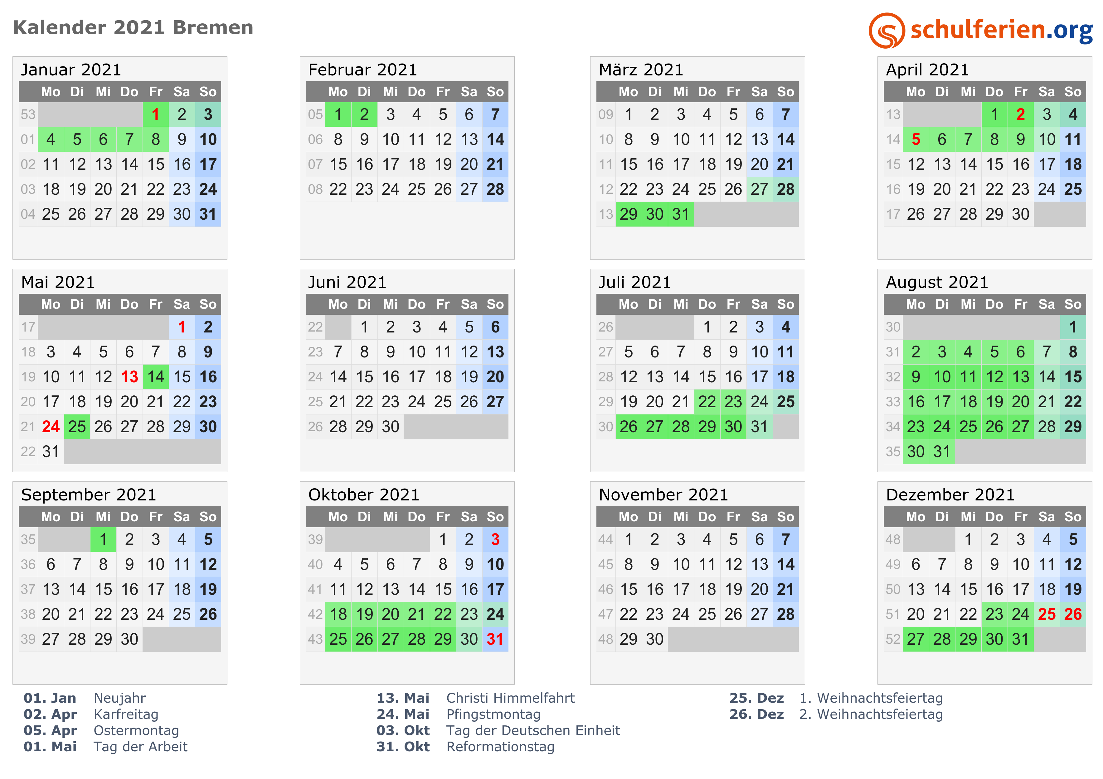 Kalender 2021 + Ferien Bremen, Feiertage