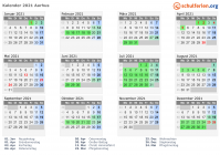 Kalender 2021 mit Ferien und Feiertagen Aarhus