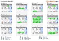 Kalender 2021 mit Ferien und Feiertagen Assens