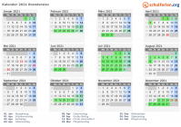 Kalender 2021 mit Ferien und Feiertagen Brønderslev