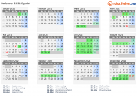 Kalender 2021 mit Ferien und Feiertagen Egedal