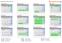 Kalender 2021 mit Ferien und Feiertagen Greve